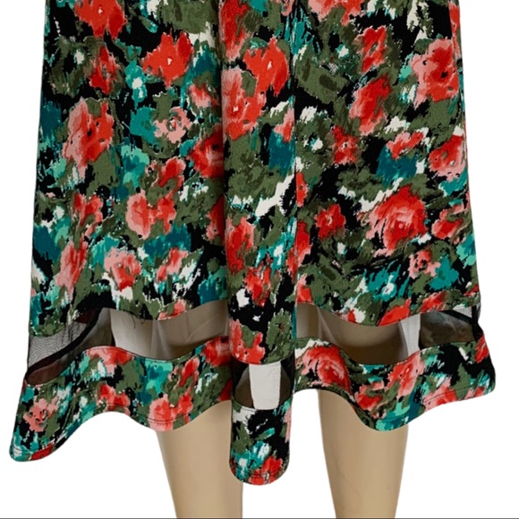 Faith and Joy Midi A-Line Skirt Red Rose Flowy Floral Sheer Panel Dress Skirt - Picture 2 of 6